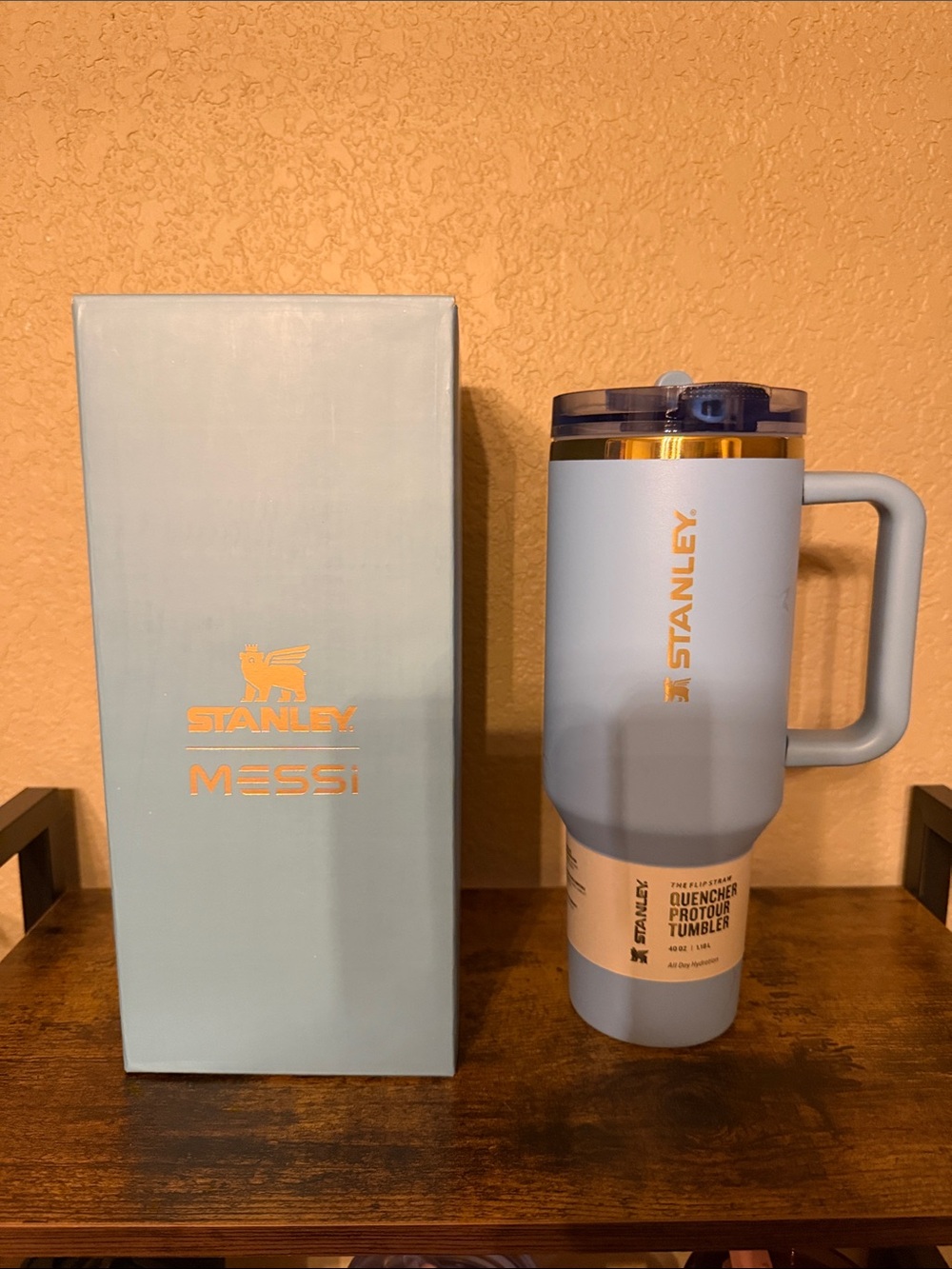 Stanley 40oz Messi Edition Light Blue Tumbler with Gold Accents